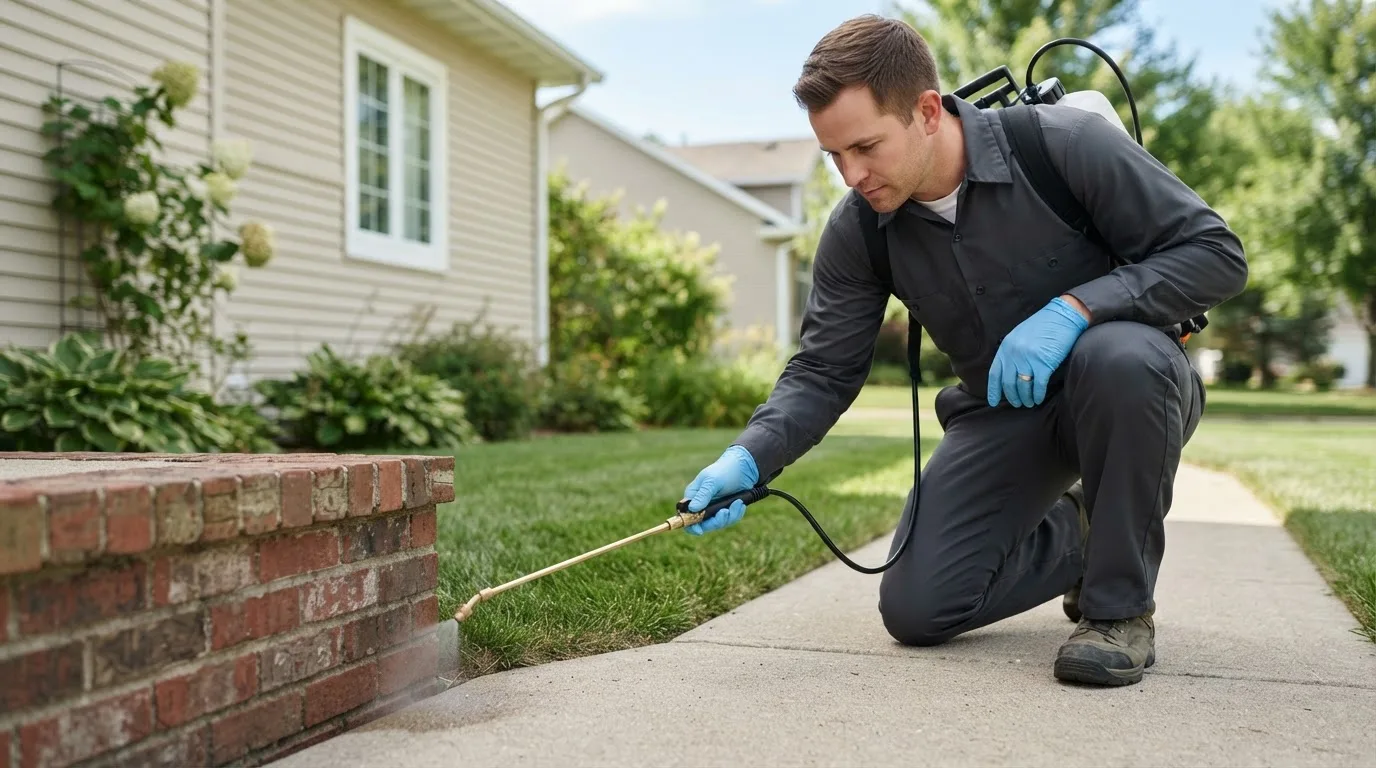Pest control technician treating a home near Guilford, IN