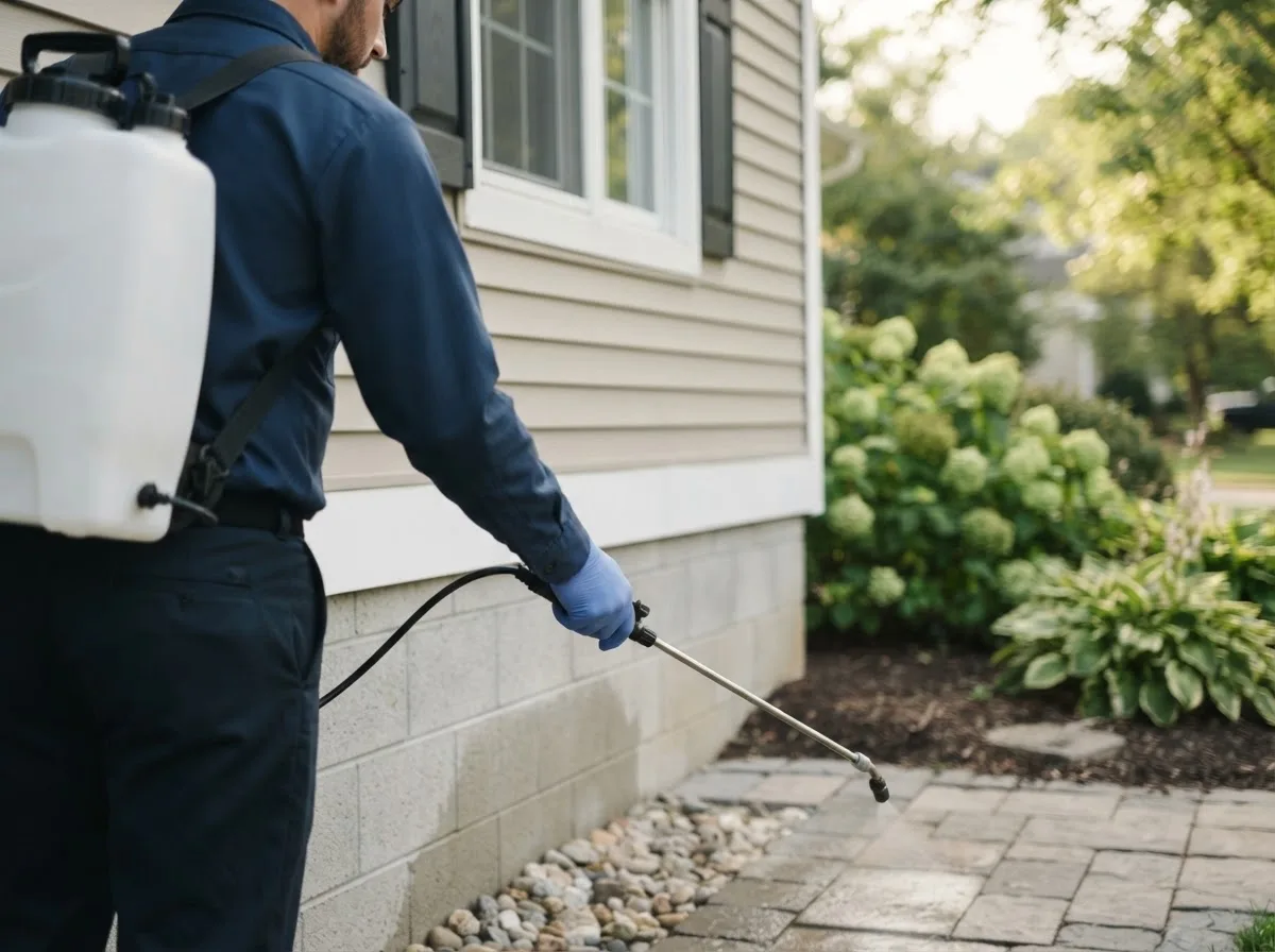 Pest control technician inspecting a home in Guilford, IN